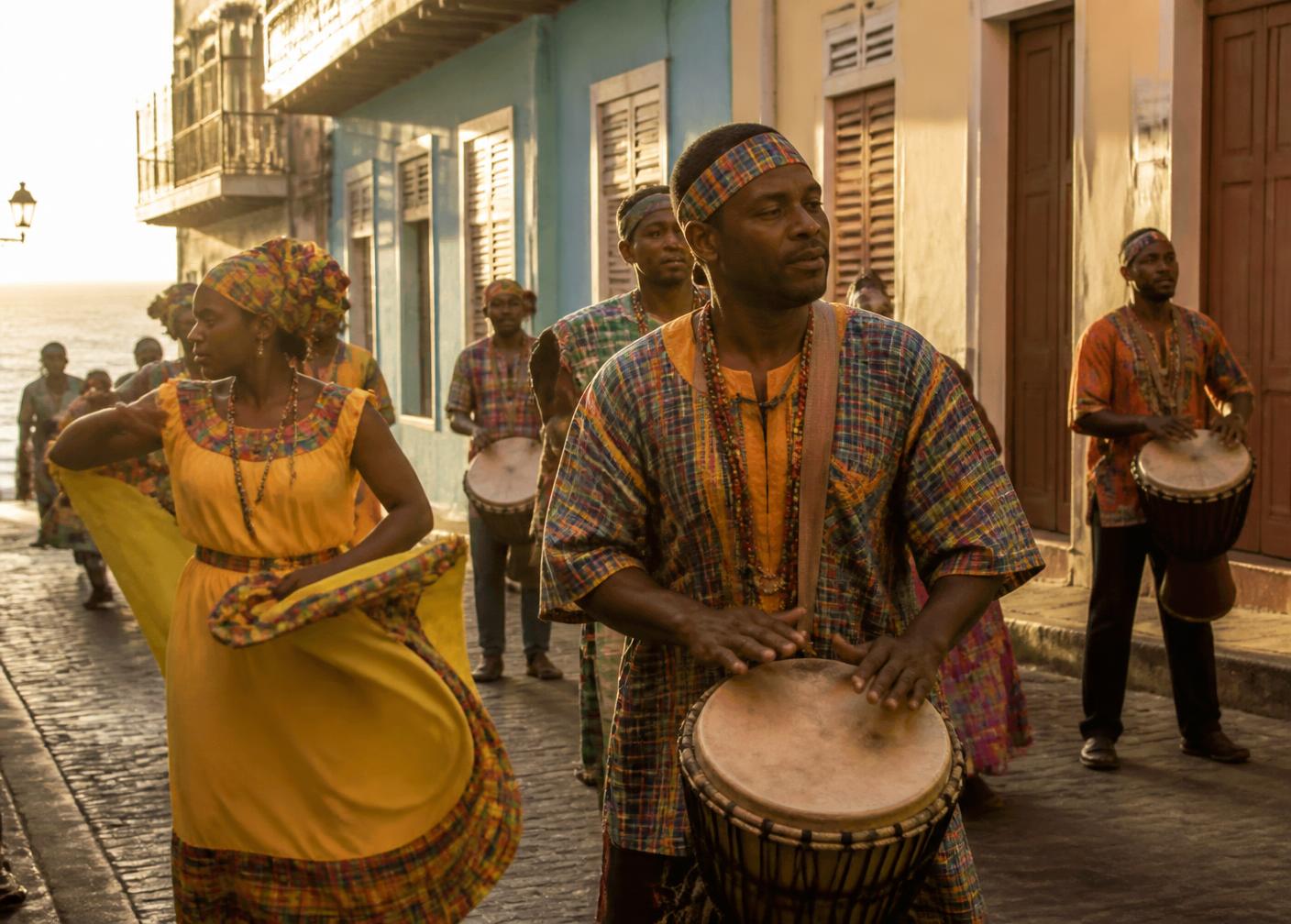 Afro Caribbean drummers and dancers performing in an island street