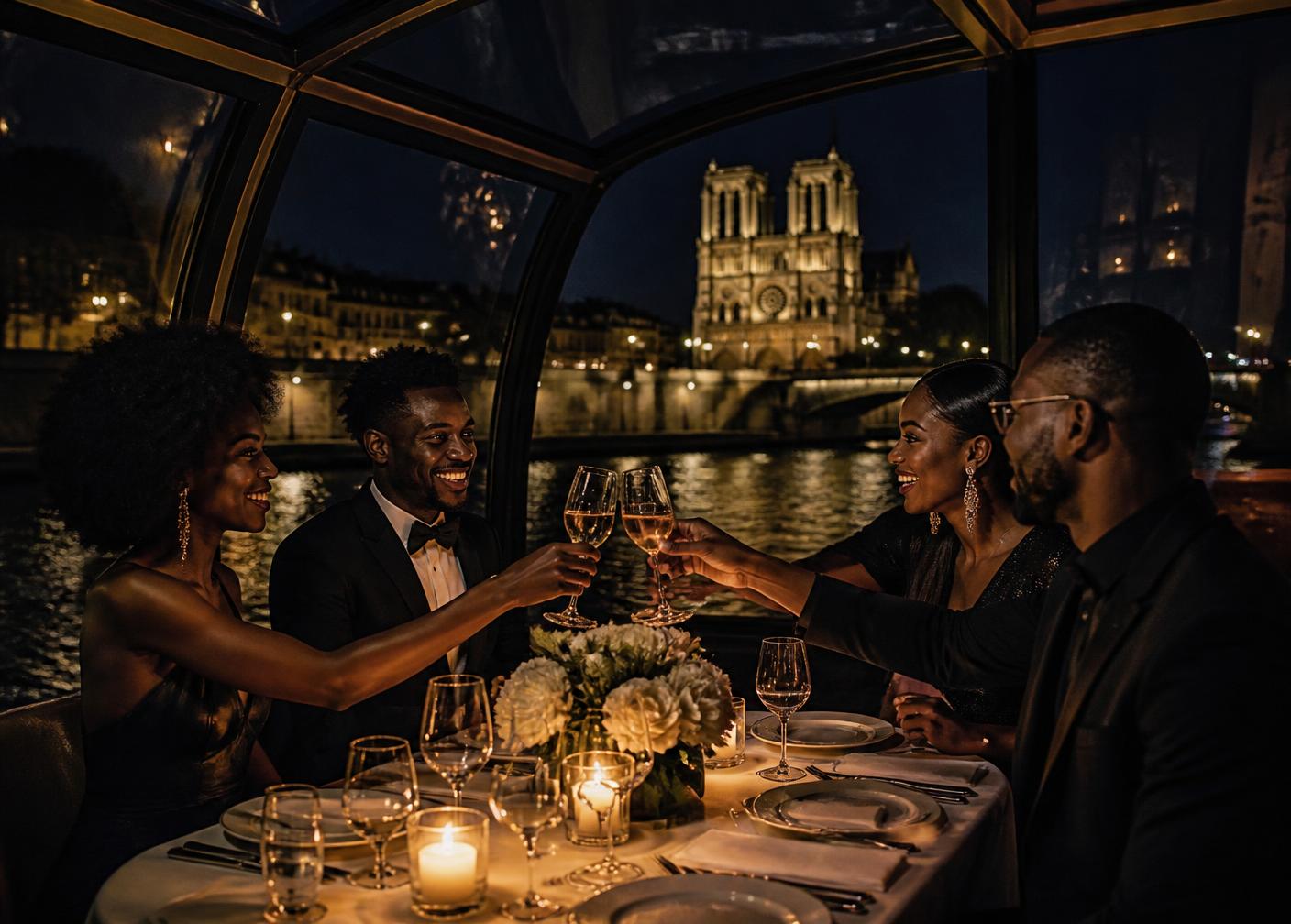 An evening cruise on the Seine passing Notre-Dame at night