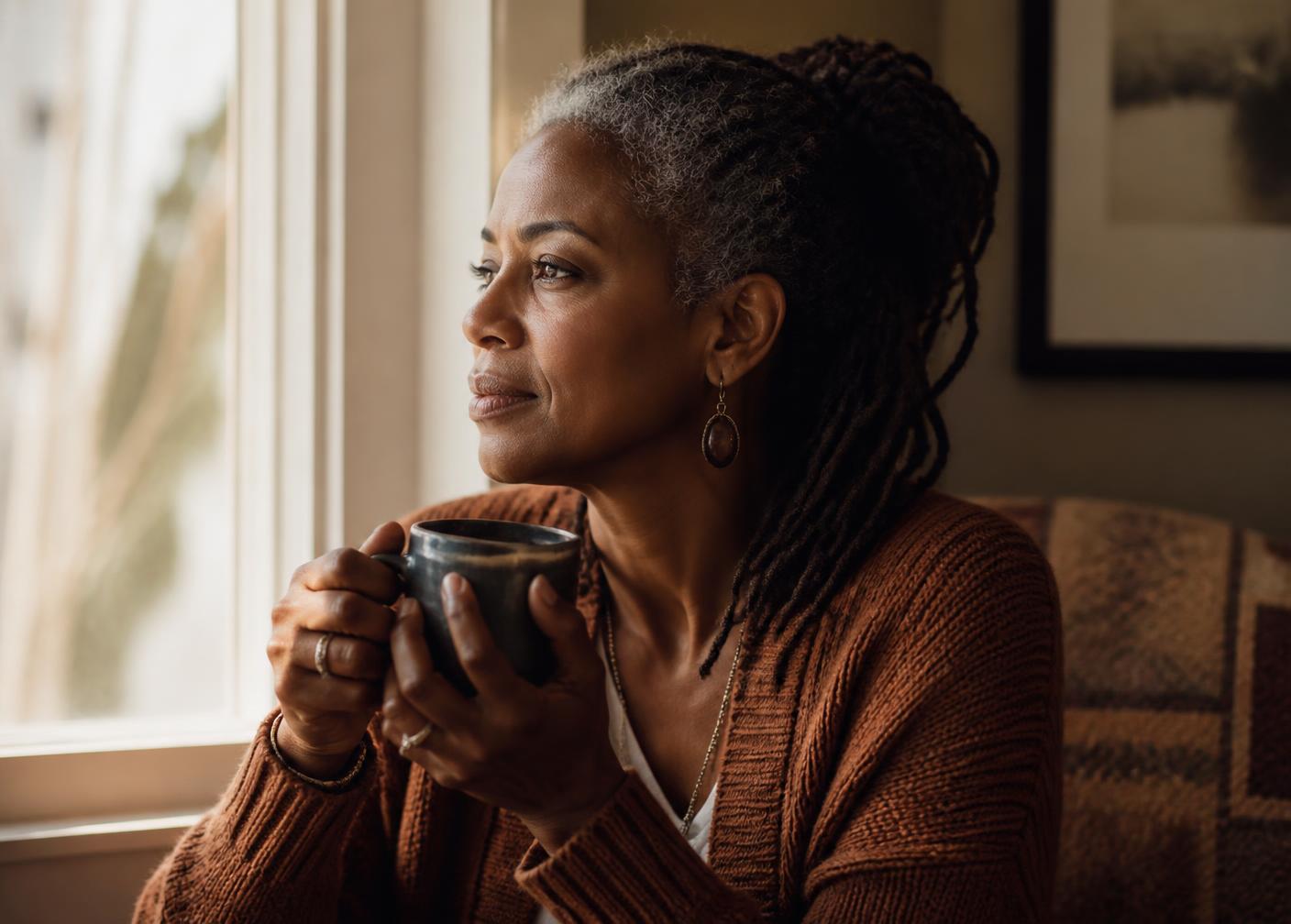 A woman looking out of her window in the morning, thinking about travel